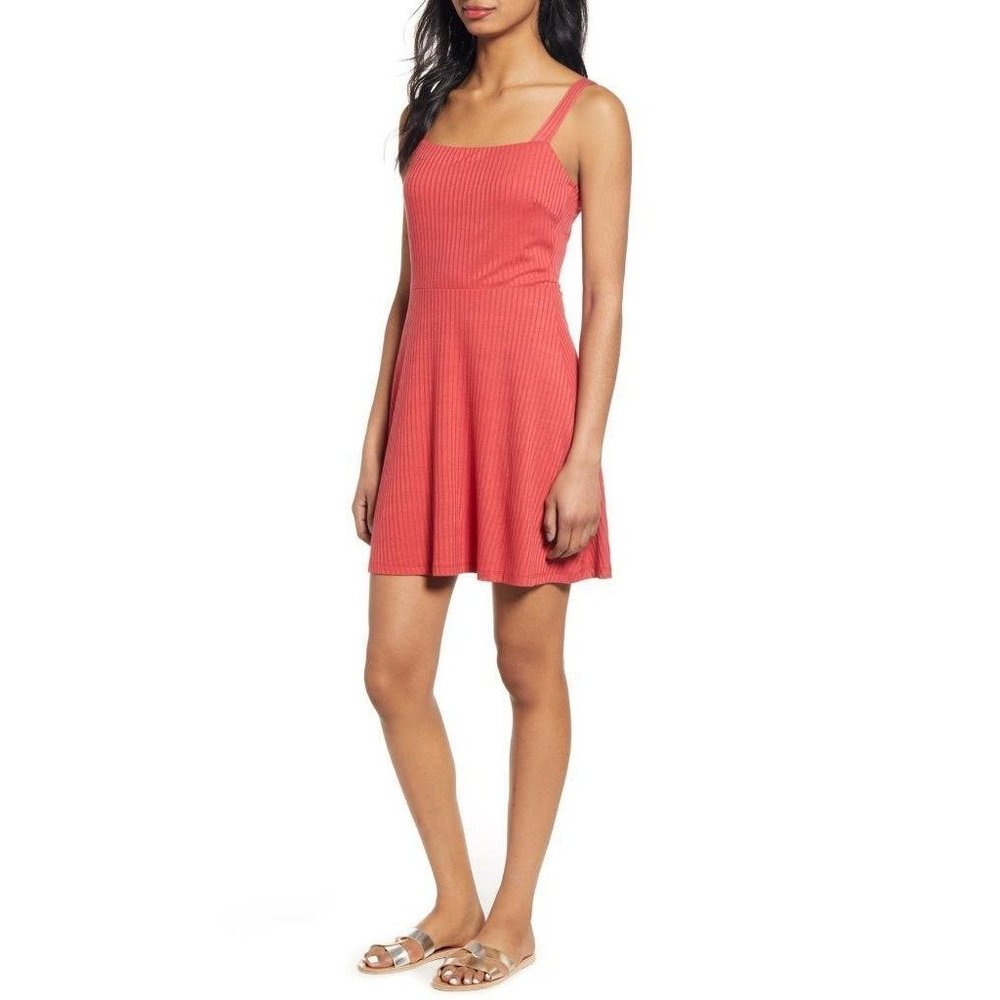 ALL IN FAVOR Stripe Rib Fit & Flare Mini Dress Cardinal Red Medium